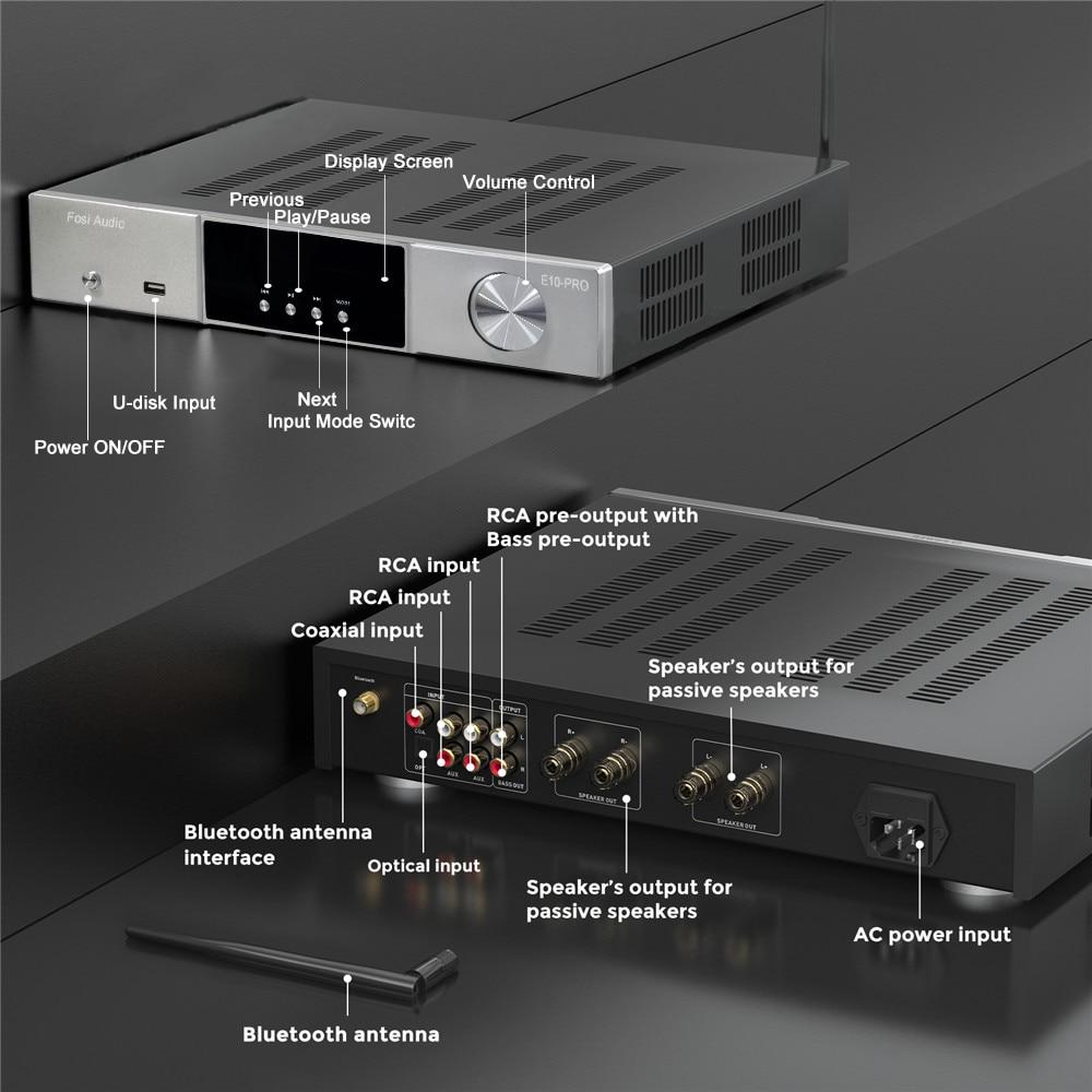 Bluetooth 5.0 Stereo Home Audio Receiver Amplifier DAC HiFi TPA3251D2 with various input and output options, showcasing its sleek design.