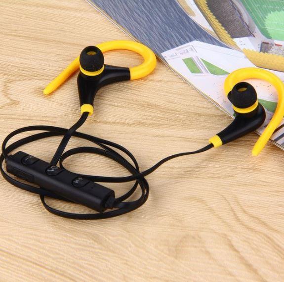 Bluetooth Earphones with Ear Hook in bright yellow color, showcasing a sleek design and comfortable fit for active use.