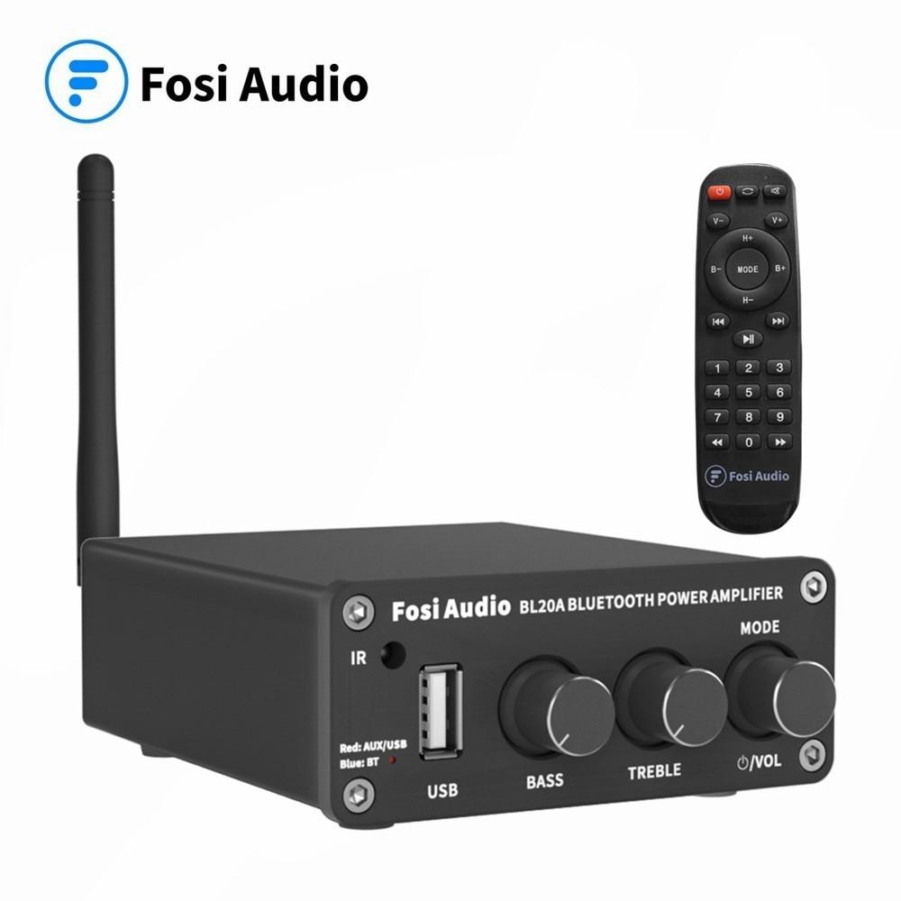 Fosi Audio 100W Mini HiFi Class D Amplifier with Bluetooth and remote control, showcasing its sleek design and input options.