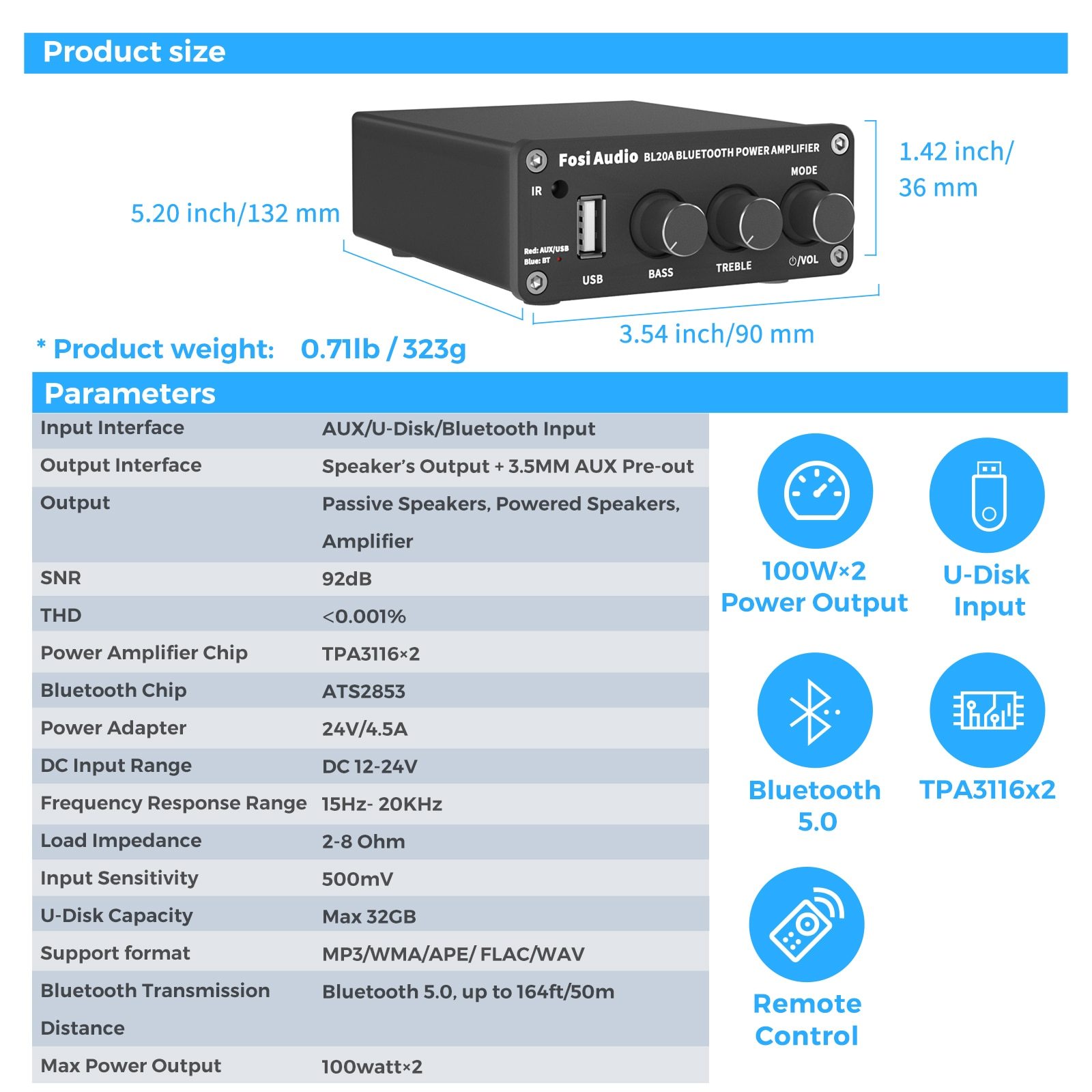 Fosi Audio 100W Mini HiFi Class D Amplifier with Bluetooth and remote control, showcasing its sleek design and input options.