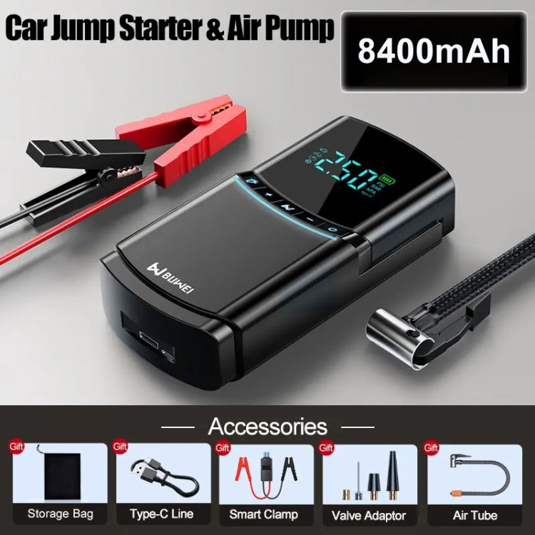 BN03H 8400mAh Car Emergency Start Power Supply with integrated air pump, showcasing its compact design and LED display.