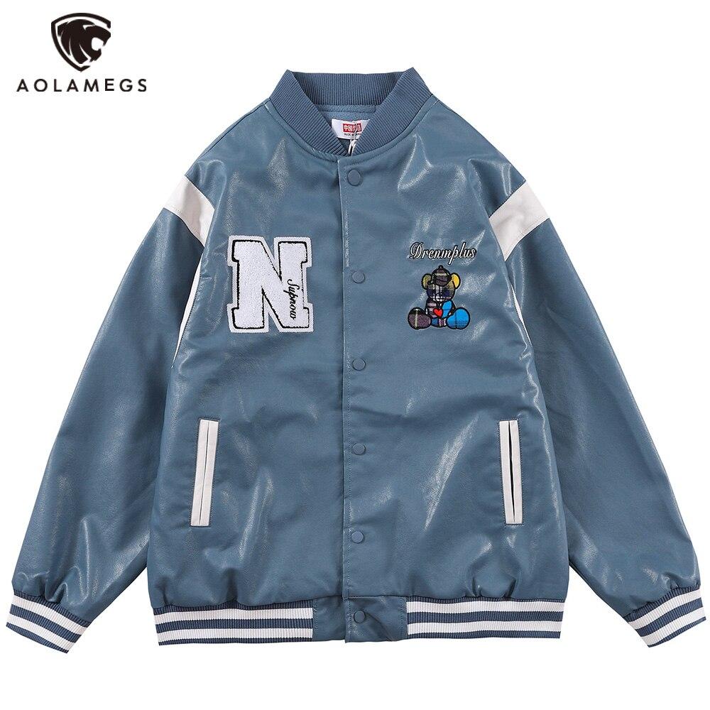 Men's bomber jacket featuring a cute bear patch, made of soft fleece and leather, perfect for autumn and winter streetwear.