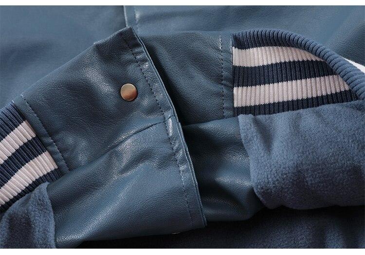 Men's bomber jacket featuring a cute bear patch, made of soft fleece and leather, perfect for autumn and winter streetwear.