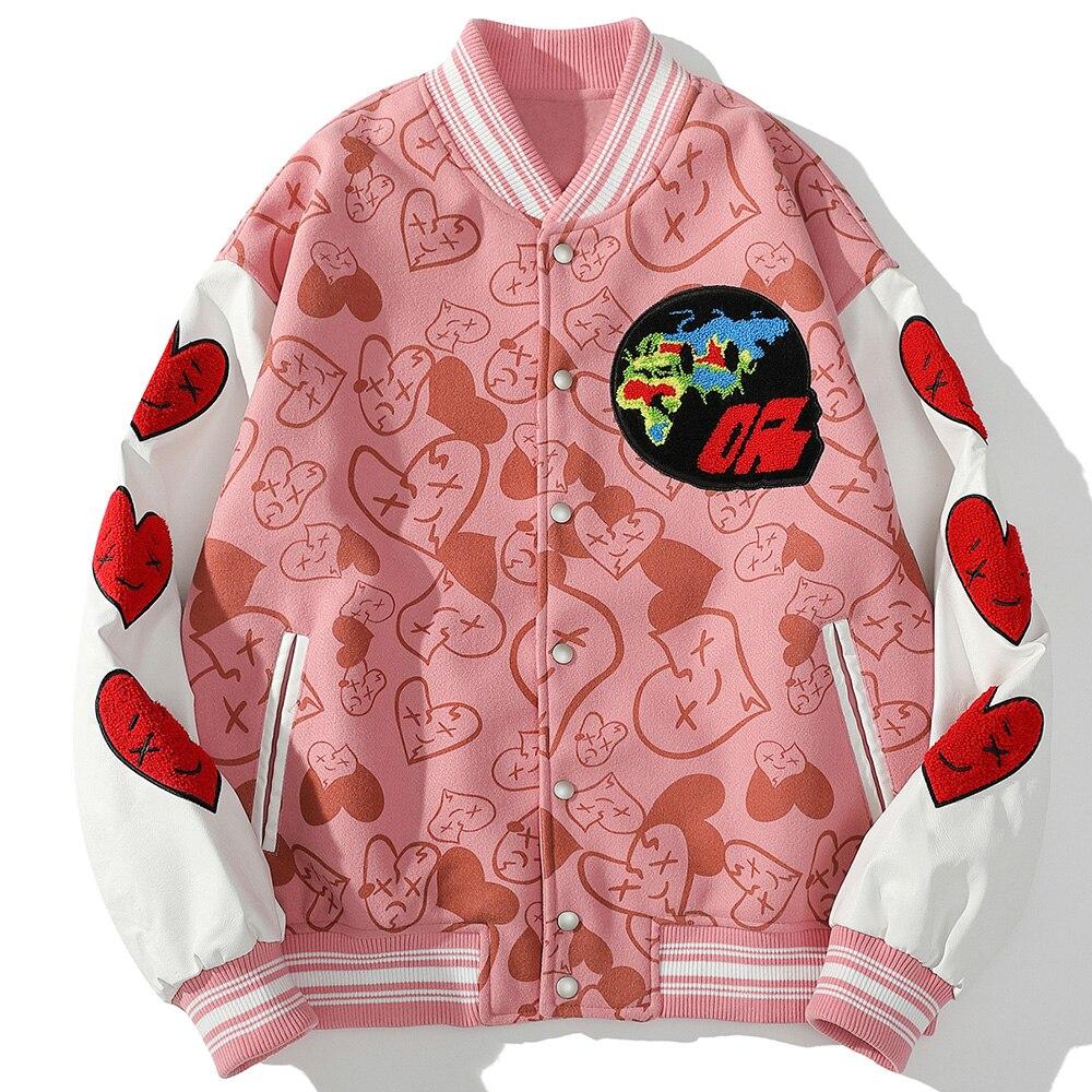 Men's bomber jacket featuring a furry heart-shaped patch and leather patchwork, ideal for autumn and winter streetwear.