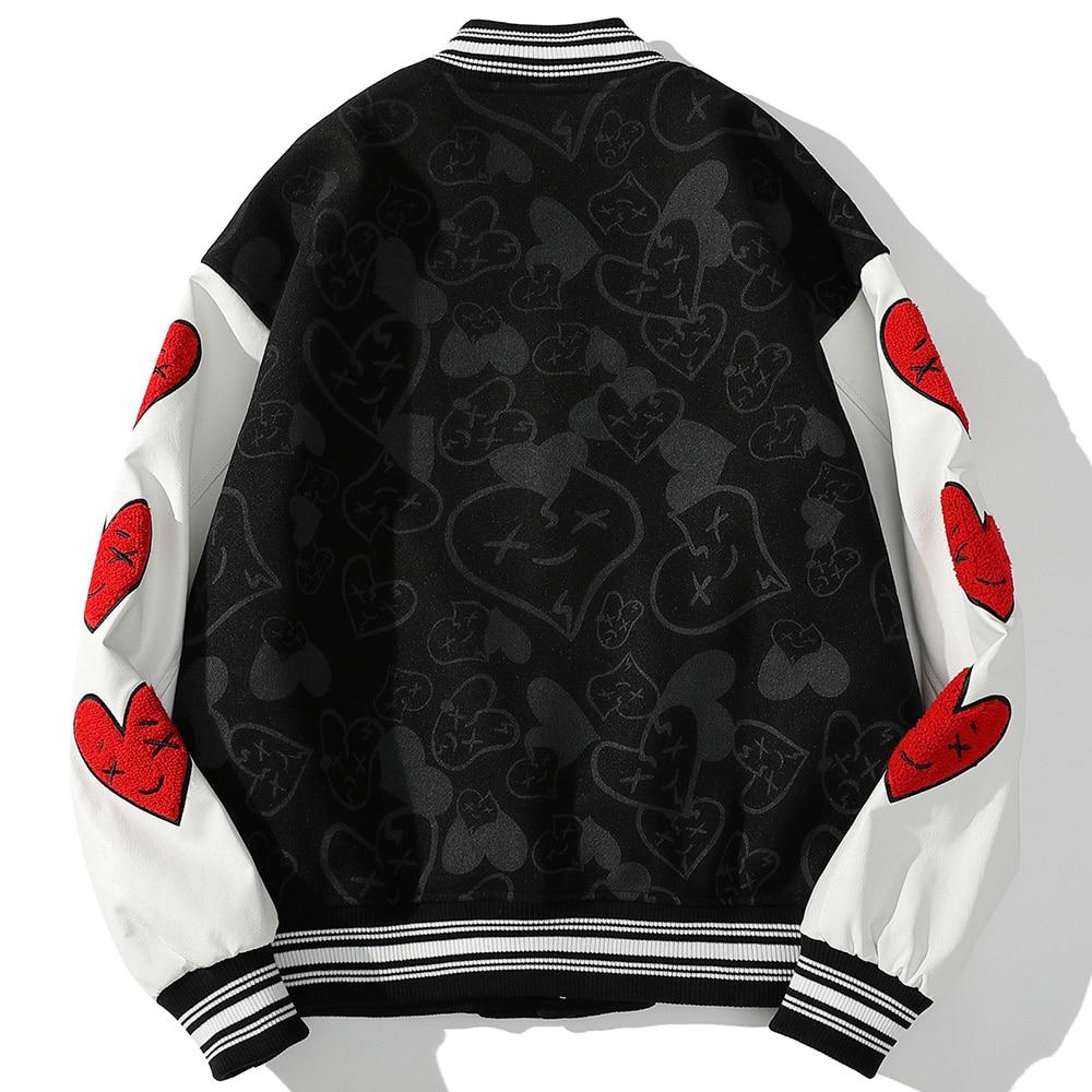 Men's bomber jacket featuring a furry heart-shaped patch and leather patchwork, ideal for autumn and winter streetwear.