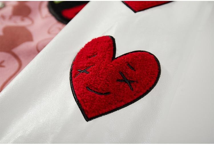 Men's bomber jacket featuring a furry heart-shaped patch and leather patchwork, ideal for autumn and winter streetwear.