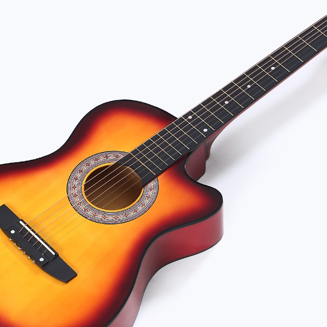 BoPeep 38 Inch Wooden Folk Acoustic Guitar with sunburst finish, showcasing its cutaway design and beautiful wood construction.