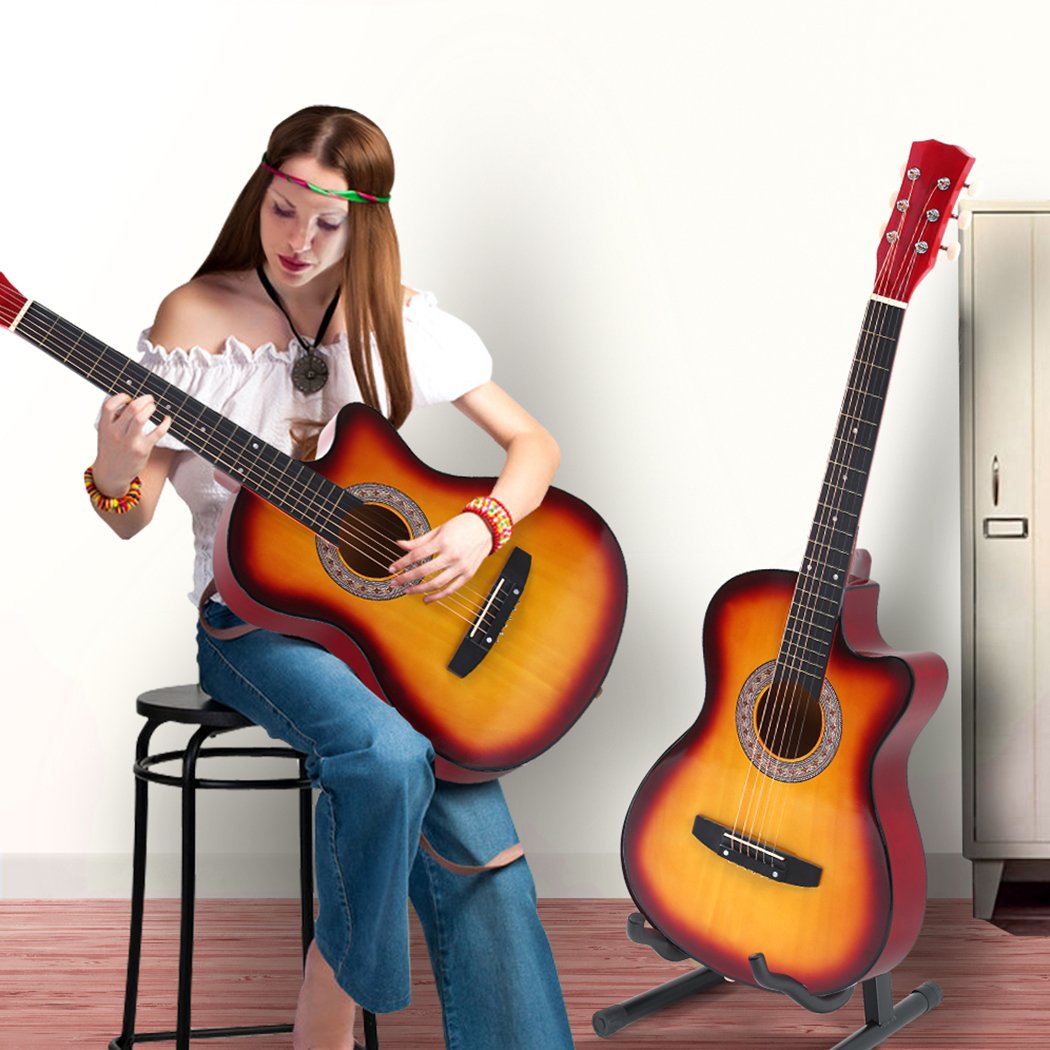 BoPeep 38 Inch Wooden Folk Acoustic Guitar with sunburst finish, showcasing its cutaway design and beautiful wood construction.