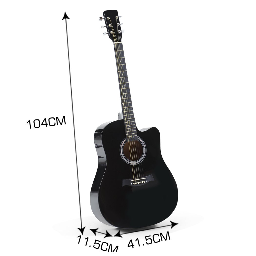 BoPeep 41 Inch Wooden Folk Acoustic Guitar with cutaway design, black lacquer finish, and eco-rosewood fingerboard, displayed with accessories.