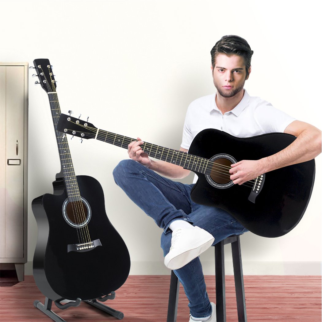 BoPeep 41 Inch Wooden Folk Acoustic Guitar with cutaway design, black lacquer finish, and eco-rosewood fingerboard, displayed with accessories.