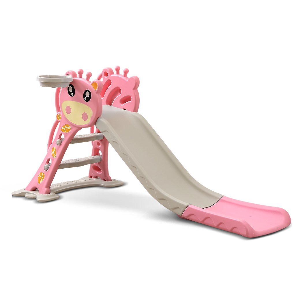 BoPeep Kids Slide Outdoor Basketball Ring Activity Center featuring a pink slide, basketball hoop, and climbing stairs for toddlers.