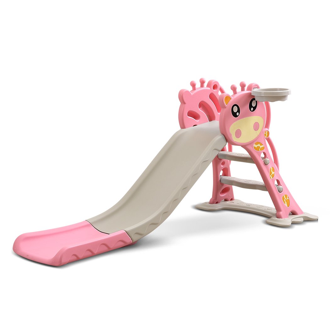 BoPeep Kids Slide Outdoor Basketball Ring Activity Center featuring a pink slide, basketball hoop, and climbing stairs for toddlers.