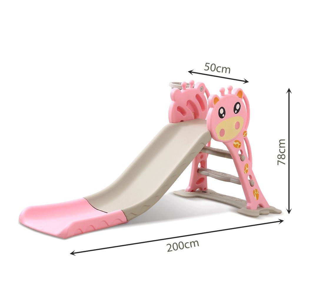 BoPeep Kids Slide Outdoor Basketball Ring Activity Center featuring a pink slide, basketball hoop, and climbing stairs for toddlers.