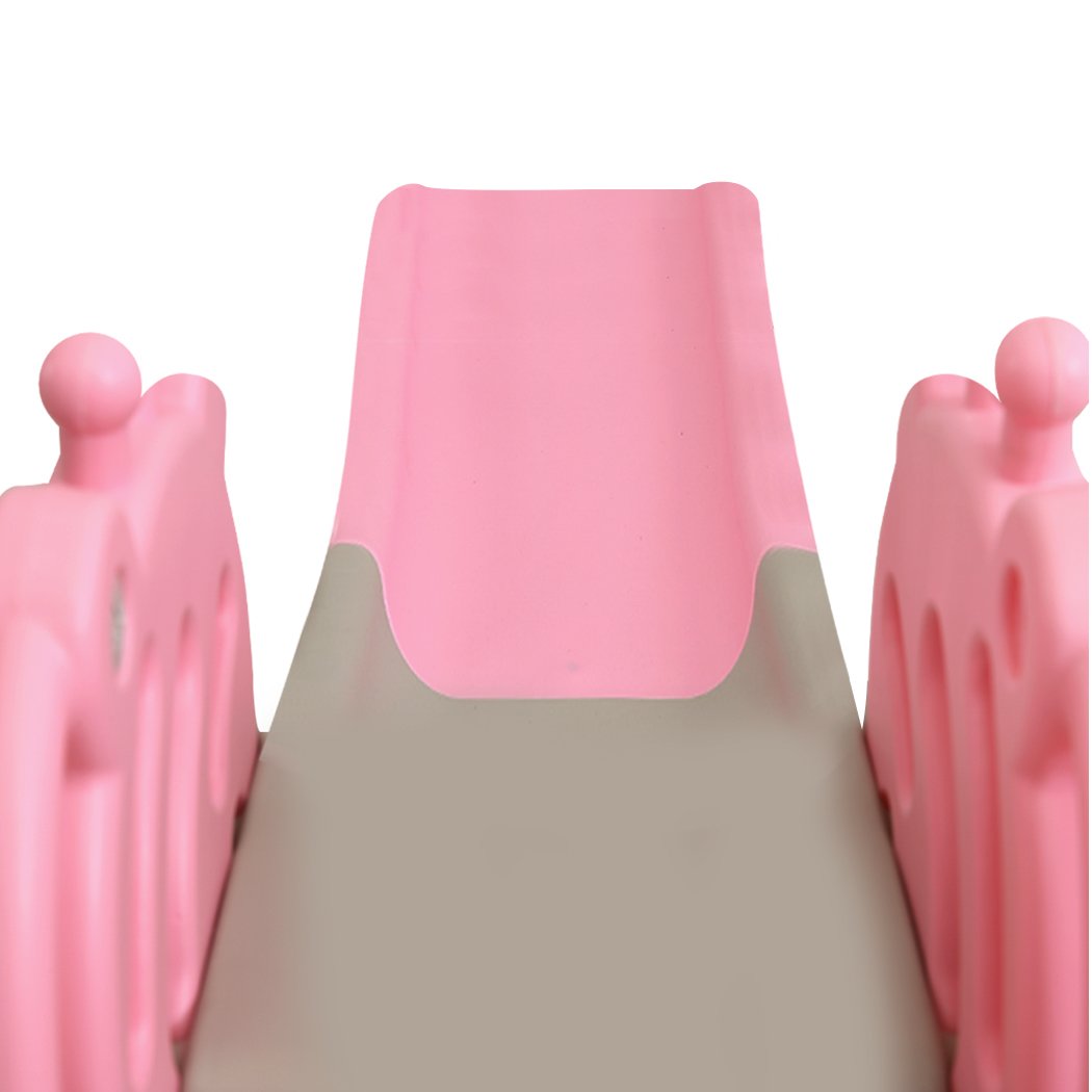 BoPeep Kids Slide Outdoor Basketball Ring Activity Center featuring a pink slide, basketball hoop, and climbing stairs for toddlers.