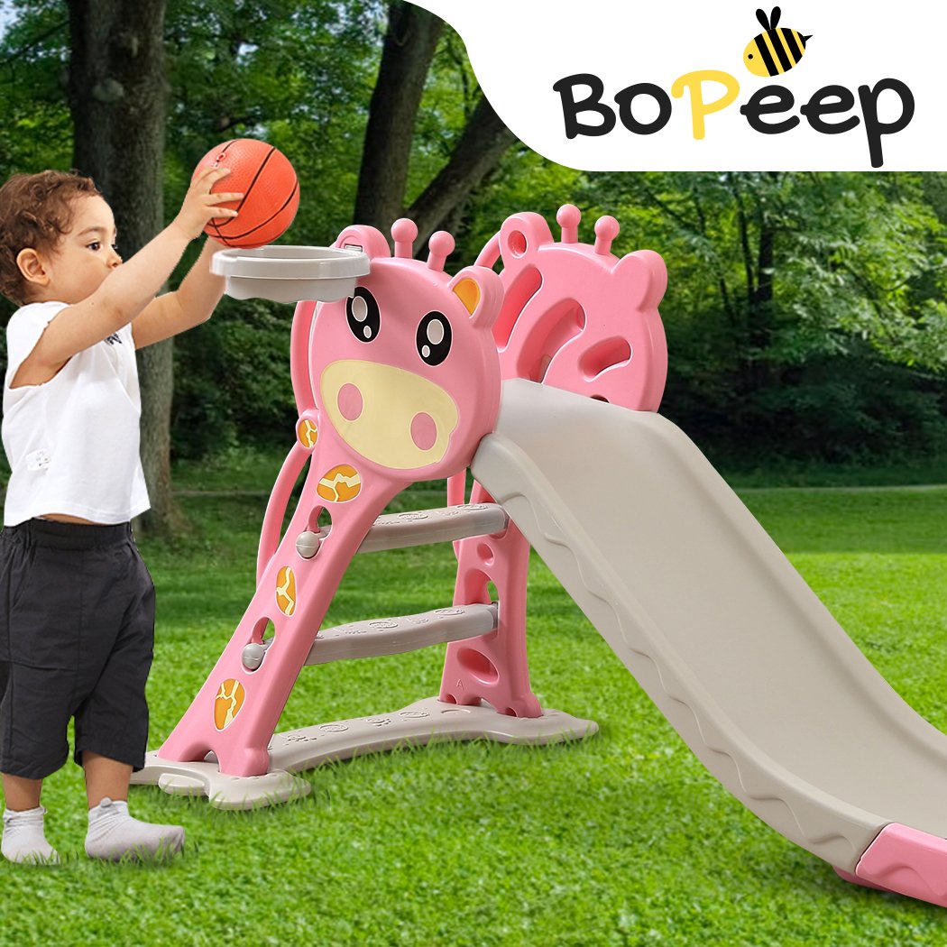 BoPeep Kids Slide Outdoor Basketball Ring Activity Center featuring a pink slide, basketball hoop, and climbing stairs for toddlers.