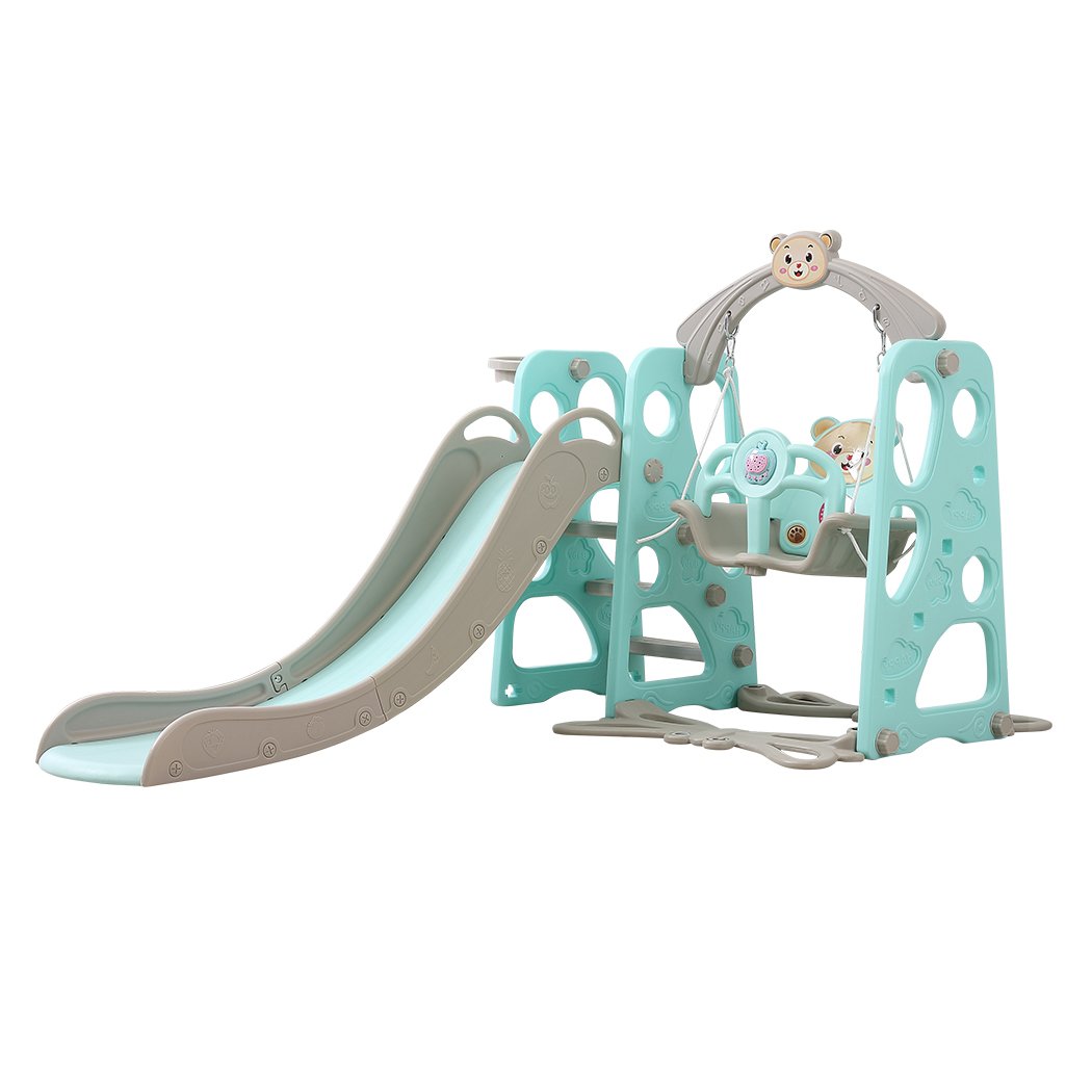 BoPeep Kids Slide Swing Basketball Ring Activity Center featuring a green slide, swing, and basketball hoop for toddlers.