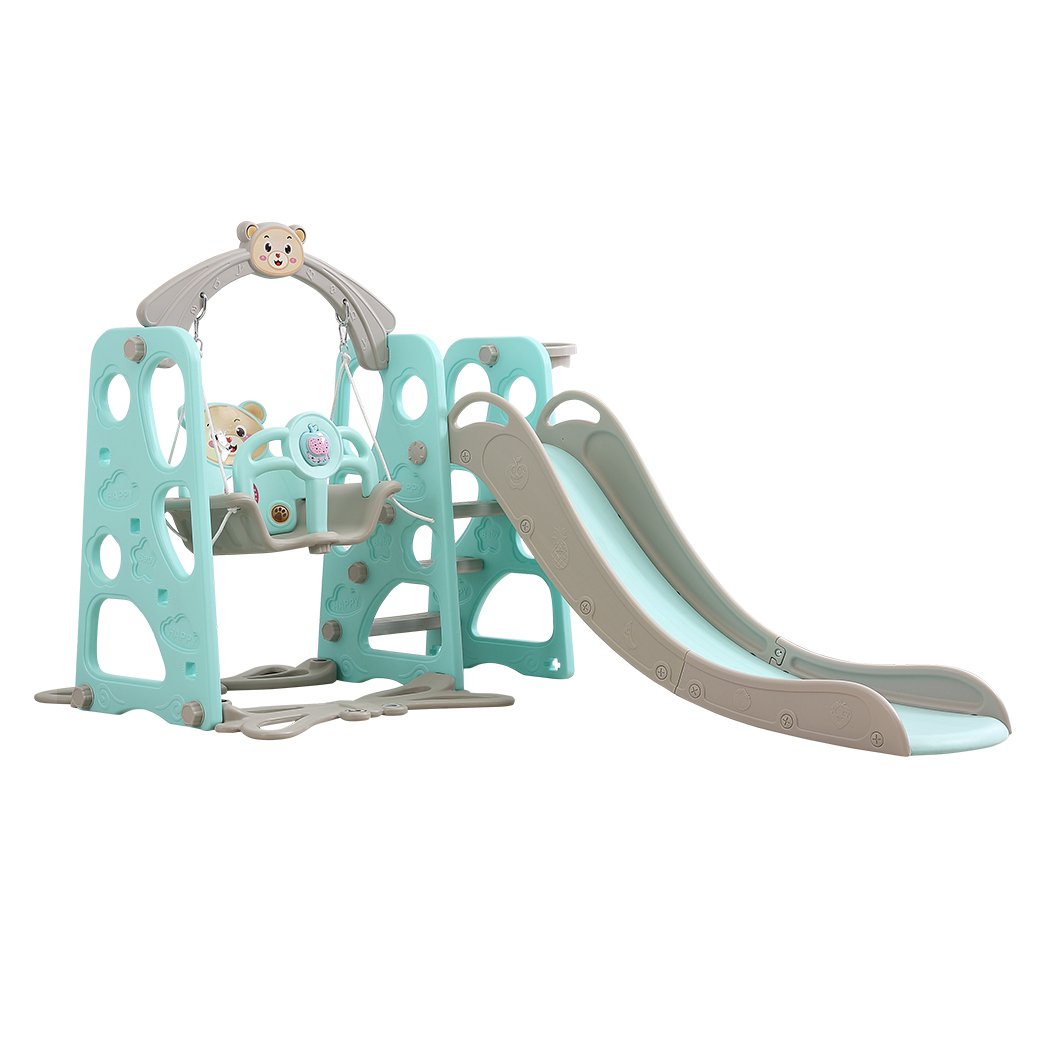 BoPeep Kids Slide Swing Basketball Ring Activity Center featuring a green slide, swing, and basketball hoop for toddlers.