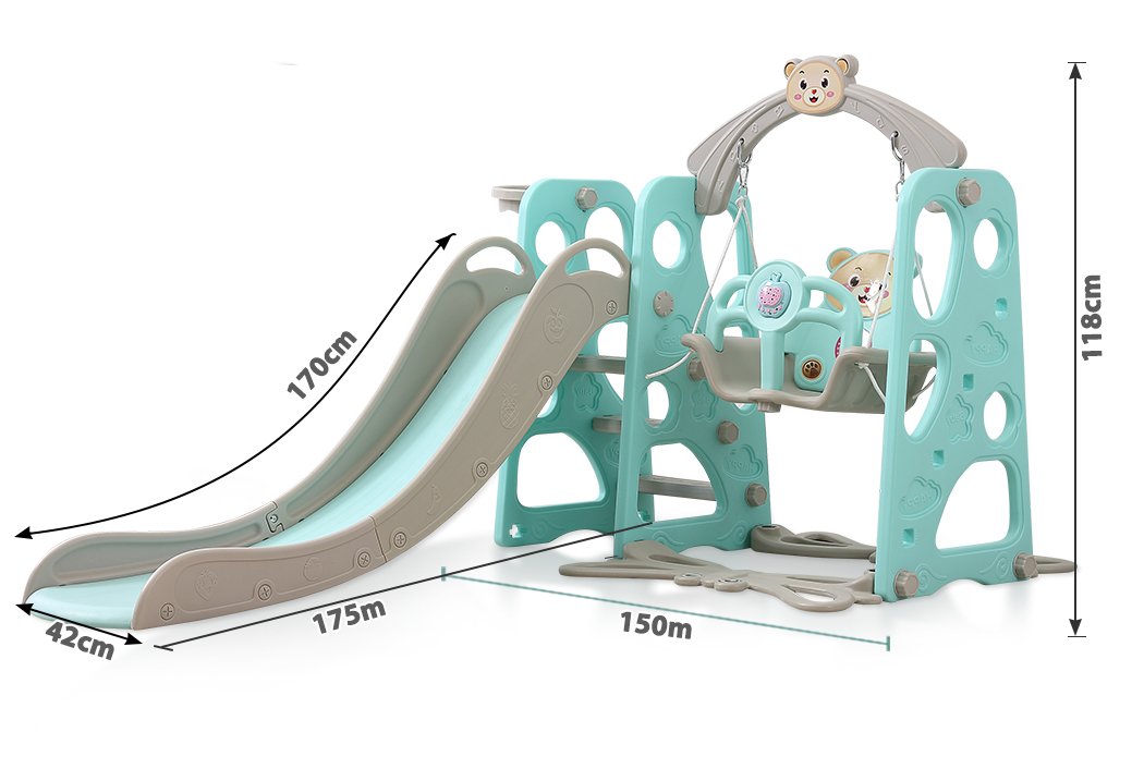 BoPeep Kids Slide Swing Basketball Ring Activity Center featuring a green slide, swing, and basketball hoop for toddlers.