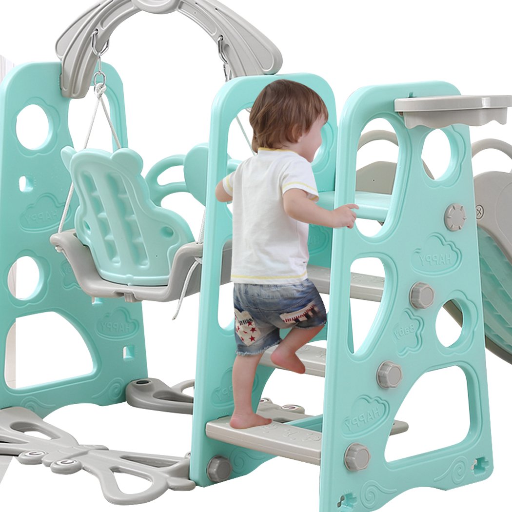 BoPeep Kids Slide Swing Basketball Ring Activity Center featuring a green slide, swing, and basketball hoop for toddlers.