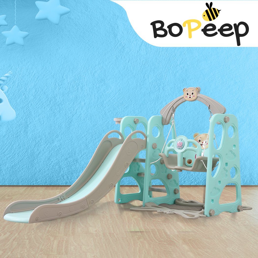 BoPeep Kids Slide Swing Basketball Ring Activity Center featuring a green slide, swing, and basketball hoop for toddlers.