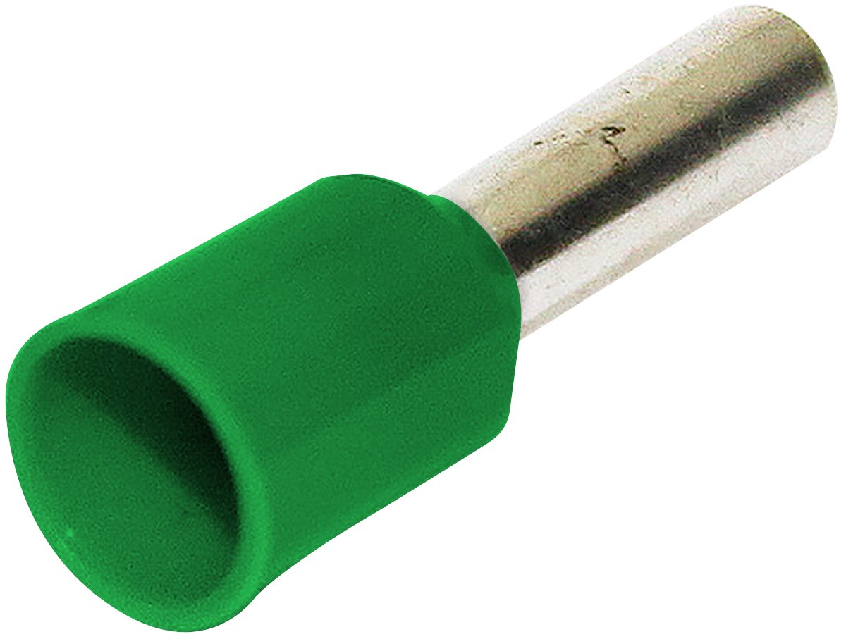 A pack of 500 green bootlace ferrules designed for 6mm² wires, showcasing their tin-plated copper construction and colour-coded insulation.