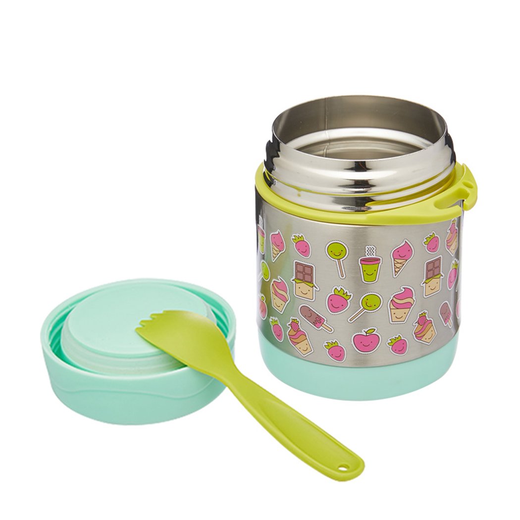 Braised Beaker Kid Stainless Vacuum Insulated Food Jar in green with cartoon designs, featuring a wide mouth and a bonus spoon.