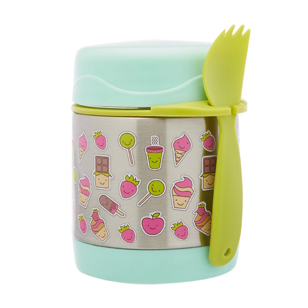 Braised Beaker Kid Stainless Vacuum Insulated Food Jar in green with cartoon designs, featuring a wide mouth and a bonus spoon.