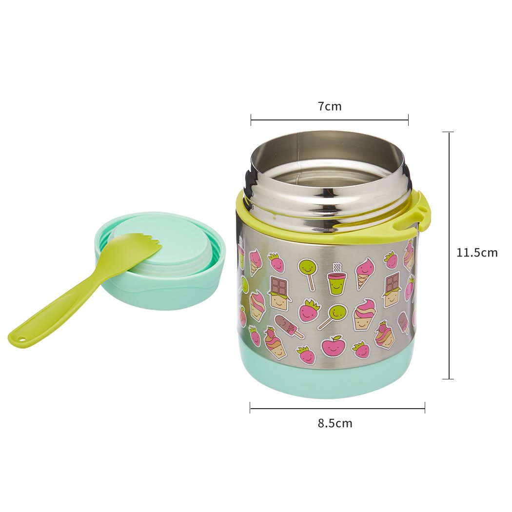 Braised Beaker Kid Stainless Vacuum Insulated Food Jar in green with cartoon designs, featuring a wide mouth and a bonus spoon.