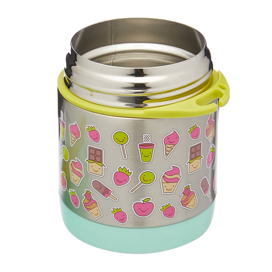 Braised Beaker Kid Stainless Vacuum Insulated Food Jar in green with cartoon designs, featuring a wide mouth and a bonus spoon.