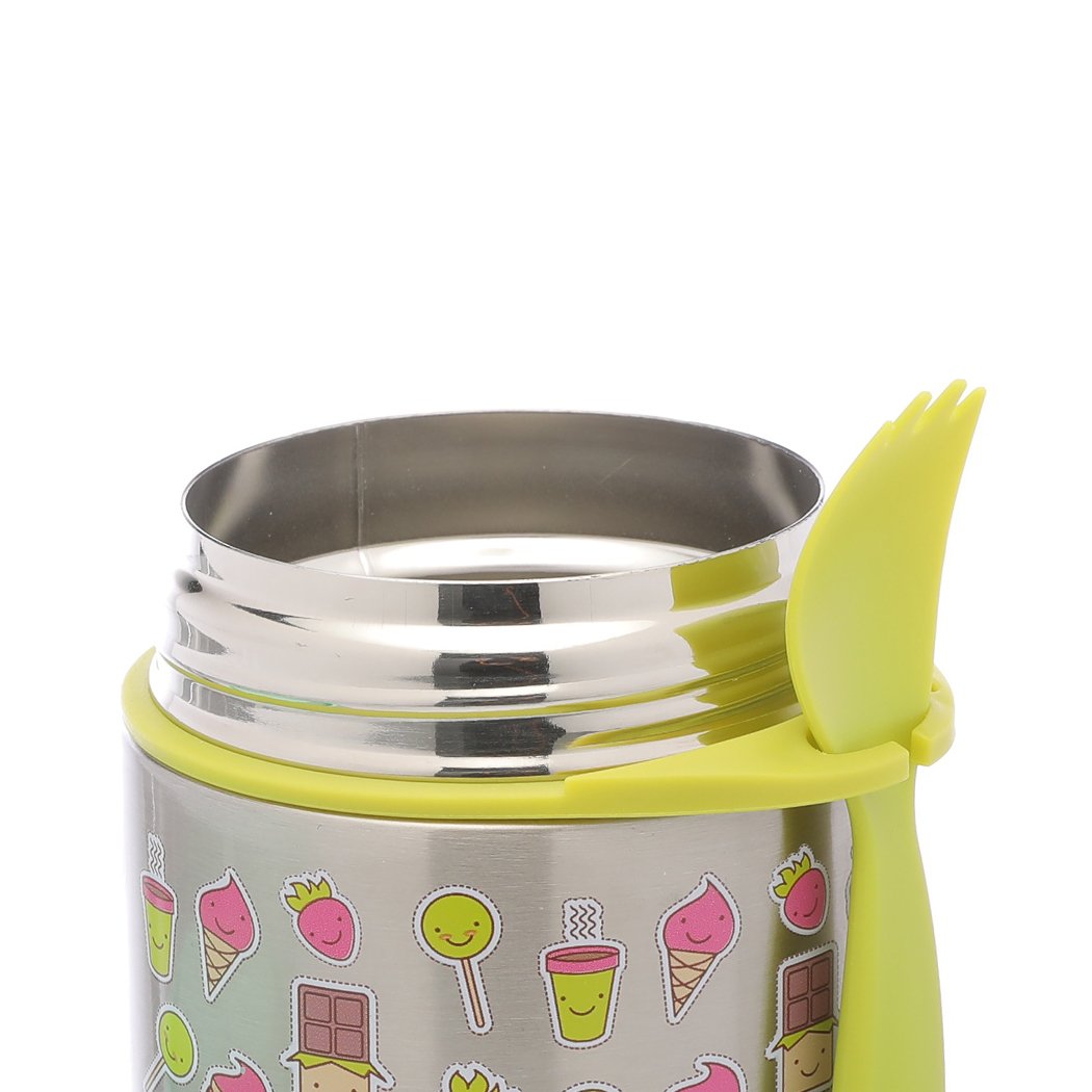 Braised Beaker Kid Stainless Vacuum Insulated Food Jar in green with cartoon designs, featuring a wide mouth and a bonus spoon.