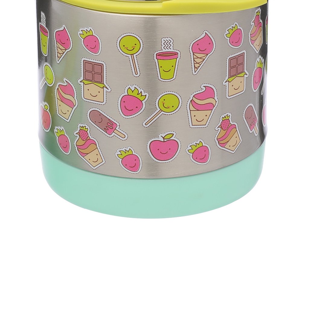 Braised Beaker Kid Stainless Vacuum Insulated Food Jar in green with cartoon designs, featuring a wide mouth and a bonus spoon.