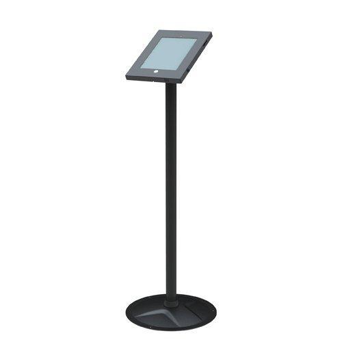 Brateck Anti-Theft Secure Enclosure Floor Stand for 9.7' iPad, featuring a sturdy black steel design with integrated cable management.