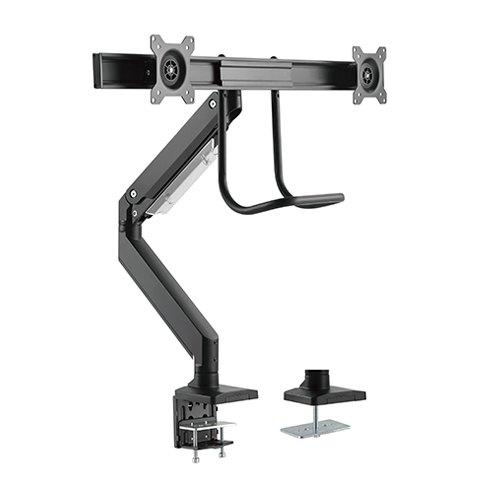 BRATECK Dual Monitors Aluminum Heavy-Duty Gas Spring Monitor Arm showcasing dual monitor setup with adjustable arms and cable management.