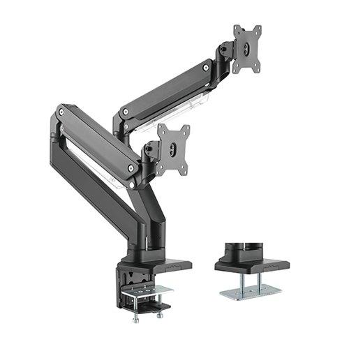 BRATECK Dual Monitors Aluminum Heavy-Duty Gas Spring Monitor Arm showcasing dual monitor setup with adjustable arms and cable management.