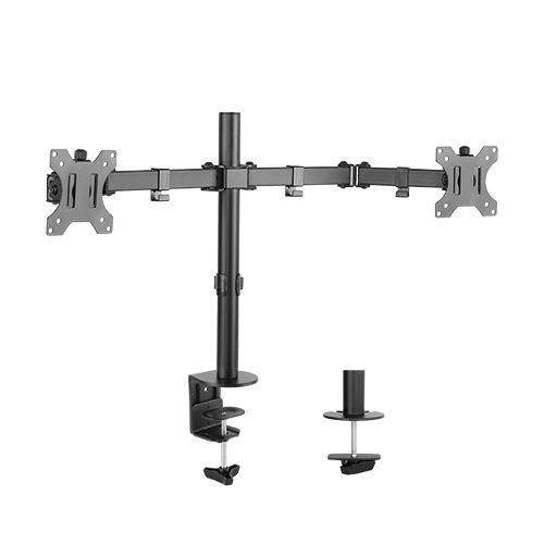 Brateck Dual Screens Economical Double Joint Articulating Steel monitor arm showcasing dual monitor setup with adjustable features.