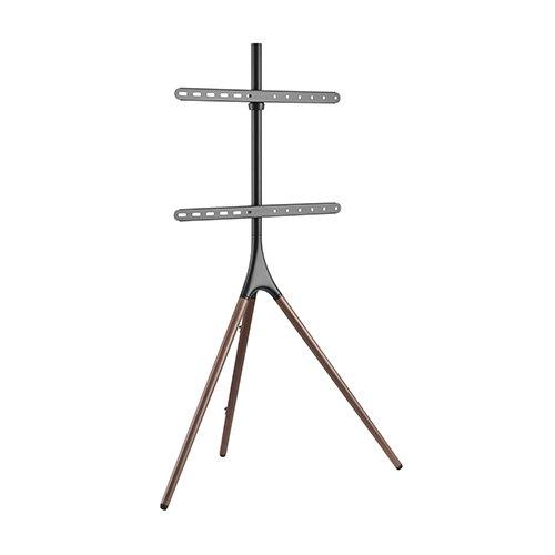 BRATECK Easel Studio TV Floor Stand in matte black and walnut, supporting a 45'-65' TV with elegant design and cable management features.