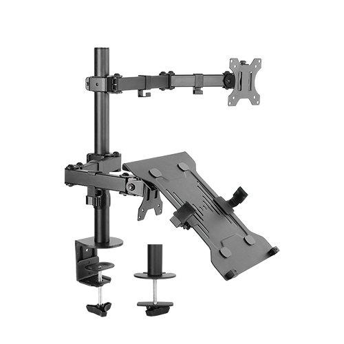 Brateck Economical Double Joint Articulating Steel Monitor Arm with Laptop Holder, showcasing its sleek design and adjustable features.