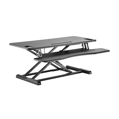 Brateck Gas Spring Sit-Stand Desk Converter with Keyboard Tray, featuring a sleek black design and ergonomic workspace.