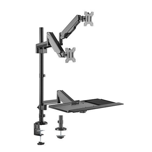 Brateck Gas Spring Sit-Stand Workstation with dual monitor mount, showcasing ergonomic design and cable management features.