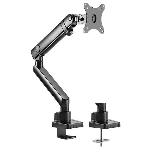 Brateck Single Monitor Aluminium Slim Mechanical Spring Monitor Arm mounted on a desk, showcasing its sleek design and adjustable features.