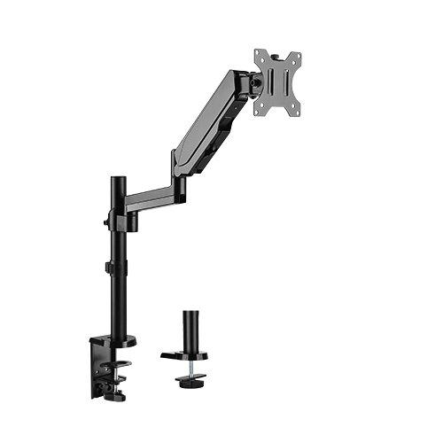 Brateck Single Monitor Full Extension Gas Spring Arm in matte black, showcasing its adjustable features and sleek design.