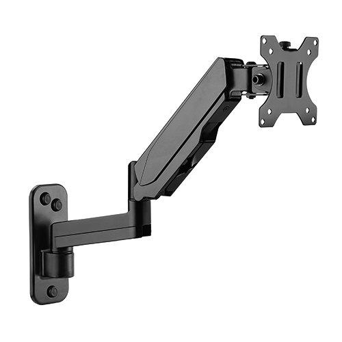 Brateck Single Screen Wall Mounted Articulating Gas Spring Monitor Arm in matte black, showcasing its adjustable features and sleek design.