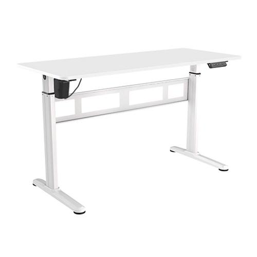 BRATECK Stylish Single-Motor Sit-Stand Desk in white with a modern slat column design, showcasing its adjustable height feature.