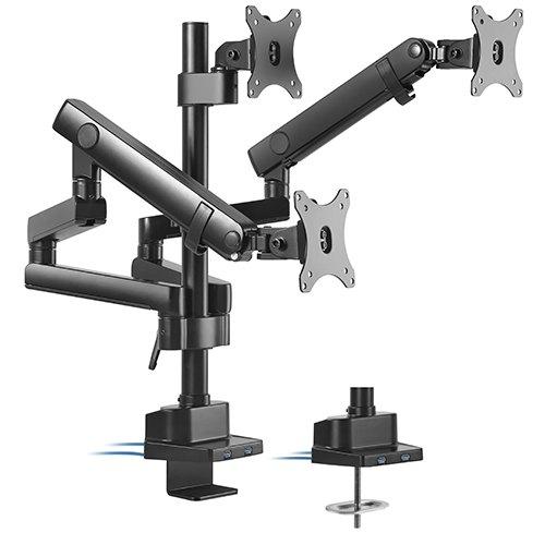 Brateck Triple Monitor Aluminum Slim Pole with mechanical spring design, showcasing three mounted monitors and USB ports.