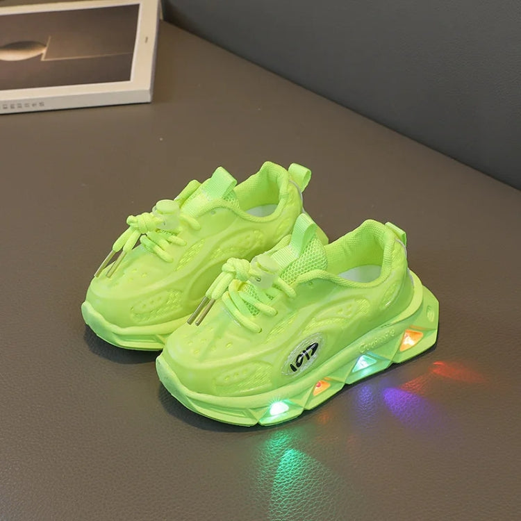 Breathable Lightweight Soft Sole Luminous Sports Casual Shoes with buckle design, glowing lights, and soft sole for children's comfort.