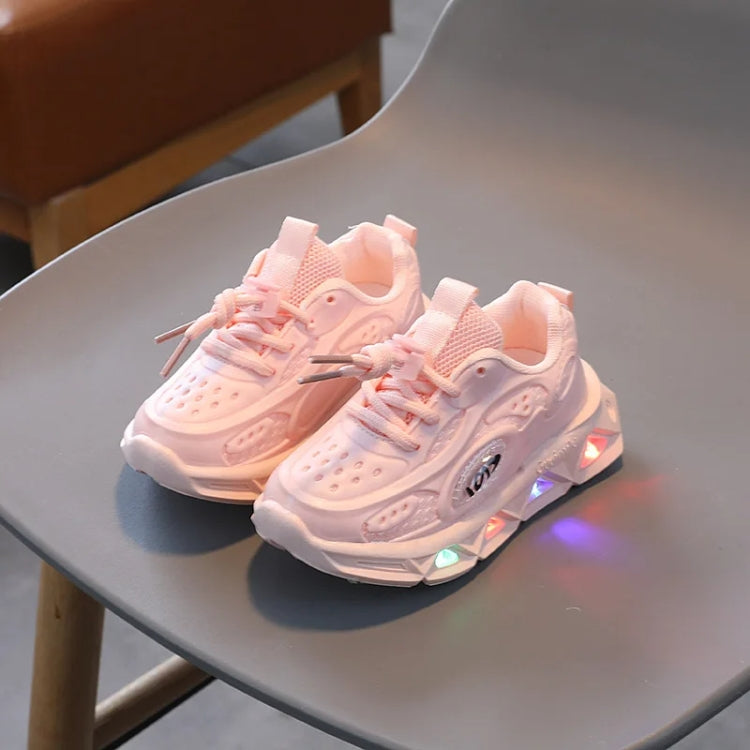 A pair of breathable lightweight soft sole luminous sports casual shoes designed for kids, featuring a synthetic PU upper and a soft blow-up sole.