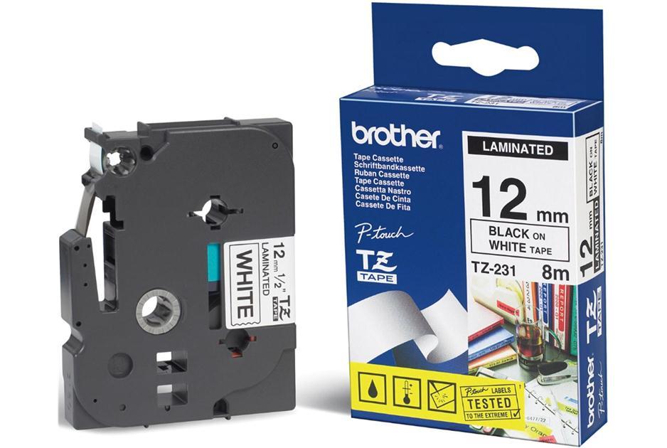 Brother 12mm Black on White TZE Tape cartridge with label maker compatibility.