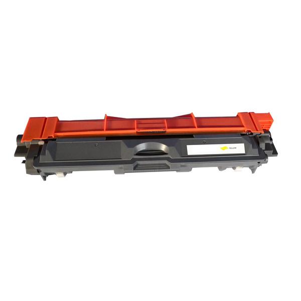 BROTHER TN-255 Yellow Premium Generic Toner Cartridge, showcasing its sleek design and vibrant yellow color.