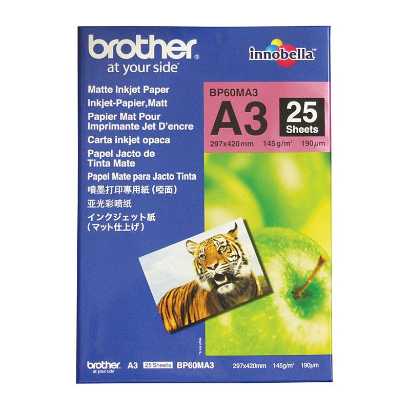 BROTHER BP60MA3 Matte Paper pack with 25 sheets, showcasing its high-quality matte finish for vibrant printing.