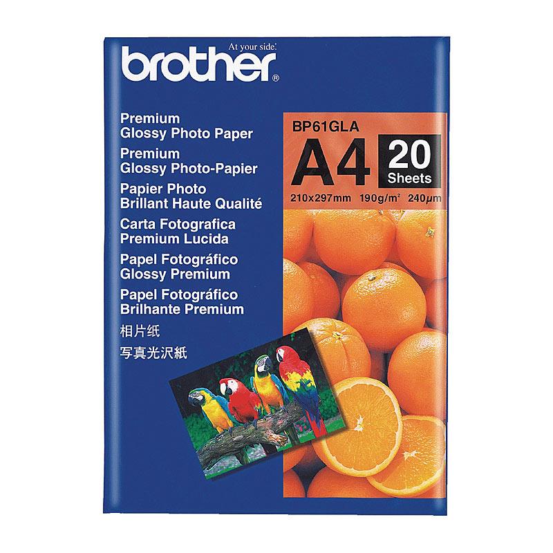 BROTHER BP61GLA Glossy Paper pack with 20 sheets, showcasing a vibrant glossy finish for high-quality prints.